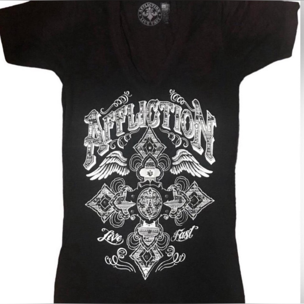 Affliction Women’s Black/Purple Graphic V-Neck Tee size Small Worn Once